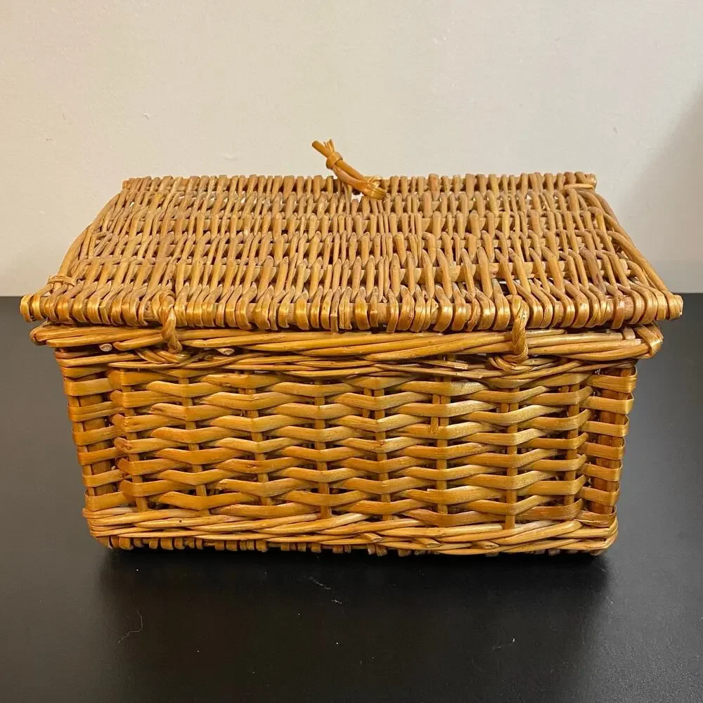Small Vintage Handwoven Wicker Trinket Chest Basket with Hinged Lid